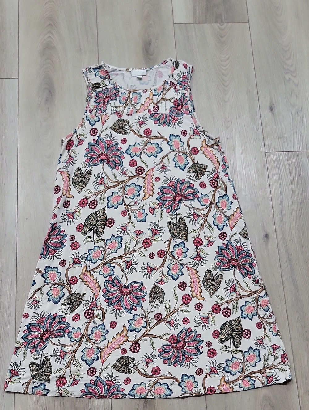 J. Jill Floral Midi Dress in White with Pink, Blue and Brown Accents